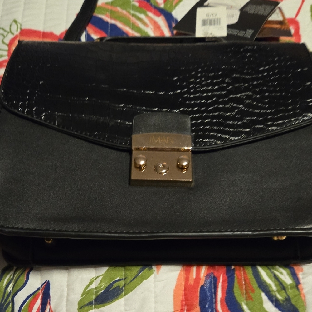 IMAN Black Croc-Texture Crossbody Bag